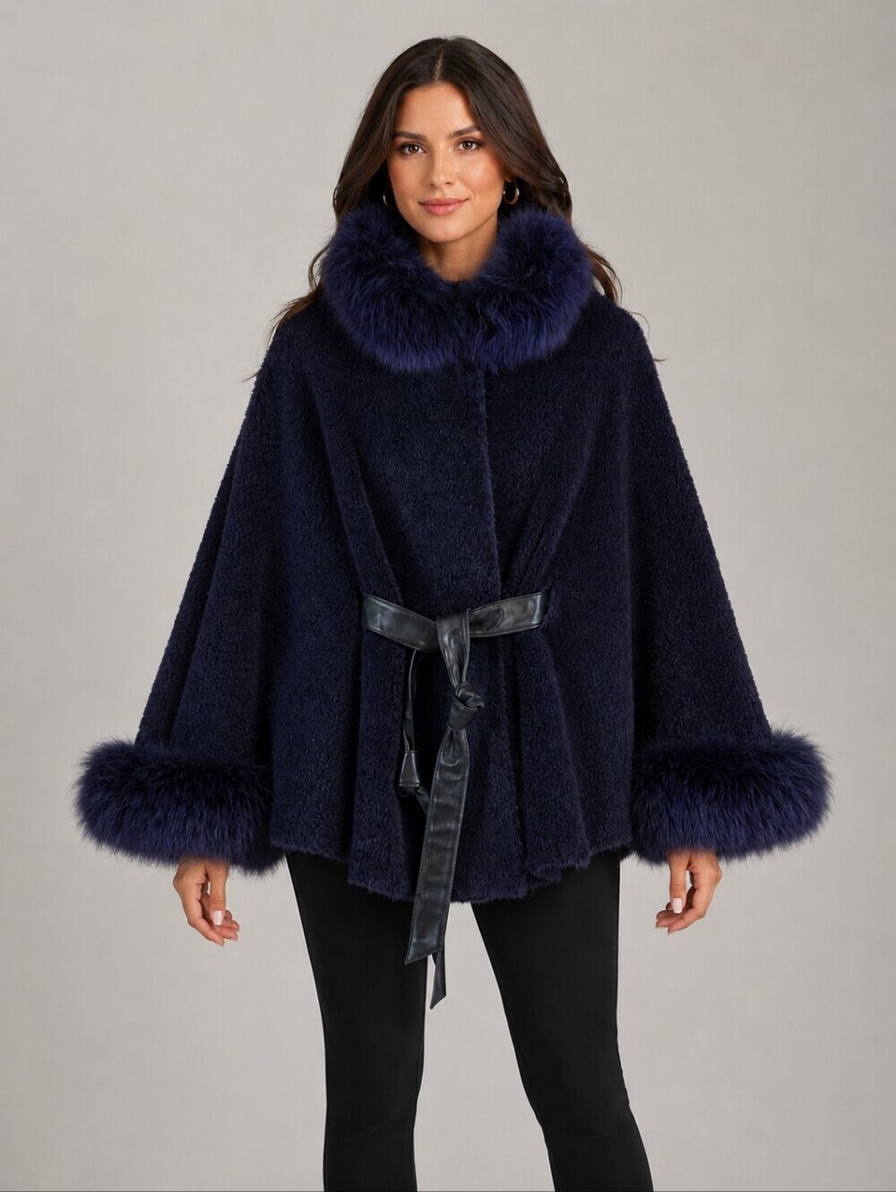 Saga Furs Fox Fur Alpaca Wool Belted Jacket Coat